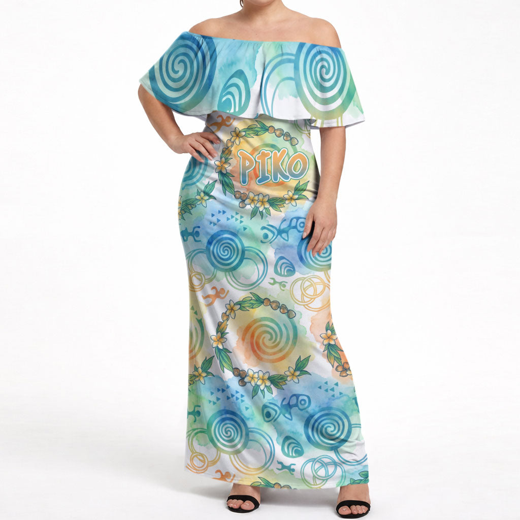 Hawaiian Piko Cultural Pride Aloha Off Shoulder Maxi Dress Watercolor Spiral Art - Tropical Plumeria Lei Garland