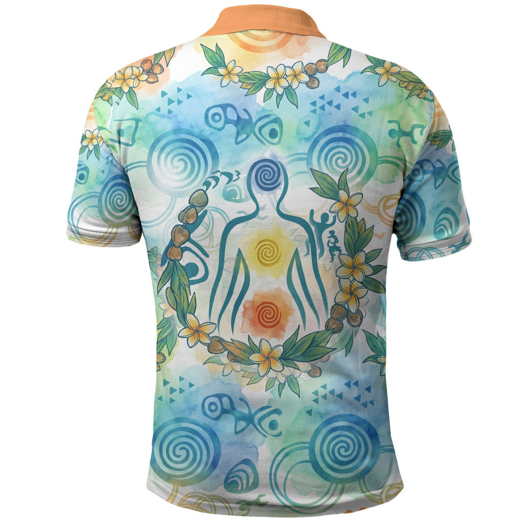 Hawaiian Piko Cultural Pride Aloha Polo Shirt Watercolor Spiral Art - Tropical Plumeria Lei Garland