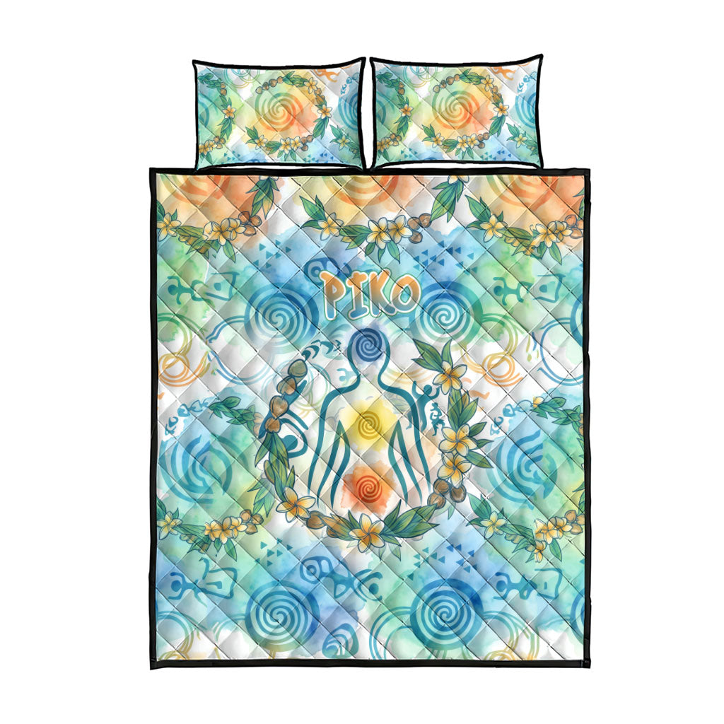 Hawaiian Piko Cultural Pride Aloha Quilt Bed Set Watercolor Spiral Art - Tropical Plumeria Lei Garland