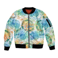 Hawaiian Piko Cultural Pride Aloha Sleeve Zip Bomber Jacket Watercolor Spiral Art - Tropical Plumeria Lei Garland