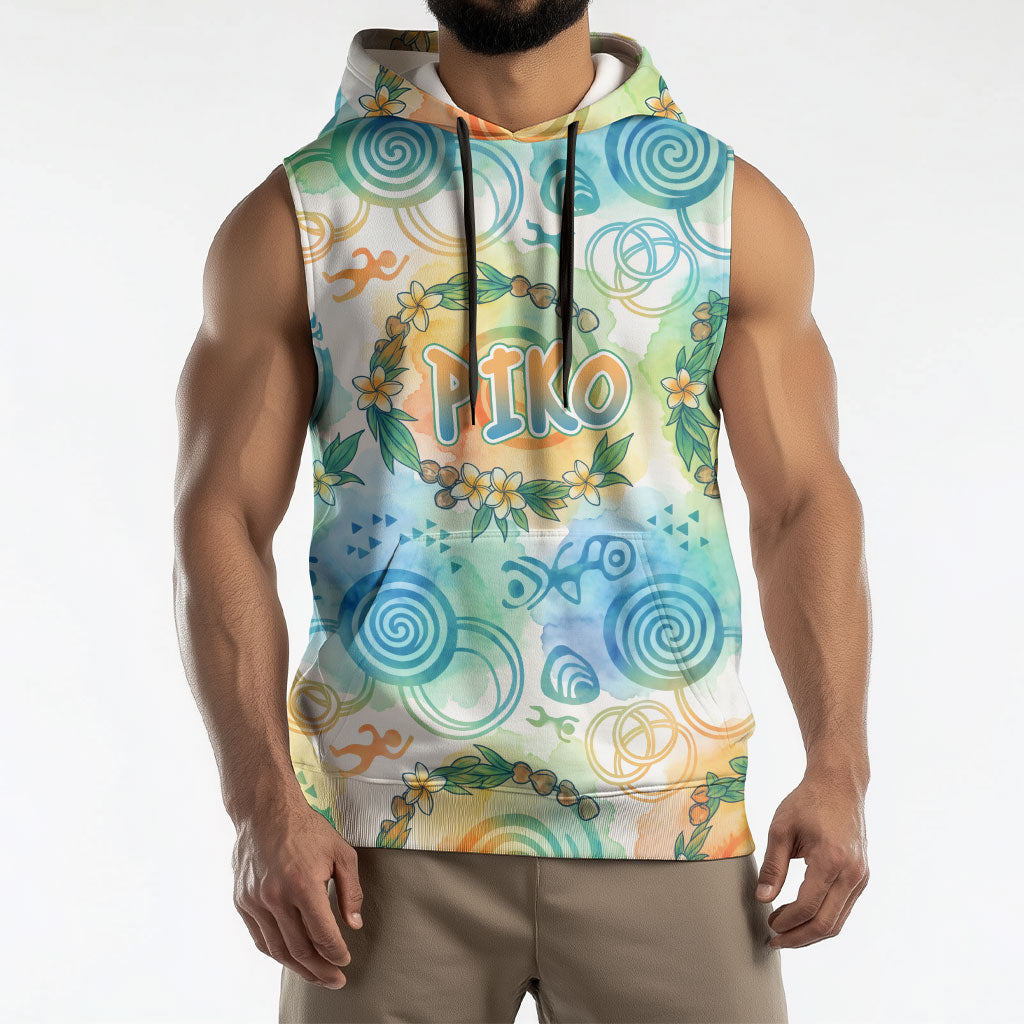 Hawaiian Piko Cultural Pride Aloha Sleeveless Hoodie Watercolor Spiral Art - Tropical Plumeria Lei Garland