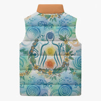 Hawaiian Piko Cultural Pride Aloha Sleeveless Puffer Jacket Watercolor Spiral Art - Tropical Plumeria Lei Garland