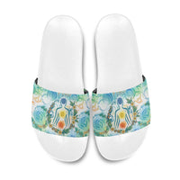 Hawaiian Piko Cultural Pride Aloha Slide Sandals Watercolor Spiral Art - Tropical Plumeria Lei Garland