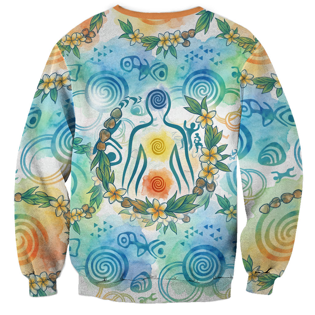 Hawaiian Piko Cultural Pride Aloha Sweatshirt Watercolor Spiral Art - Tropical Plumeria Lei Garland