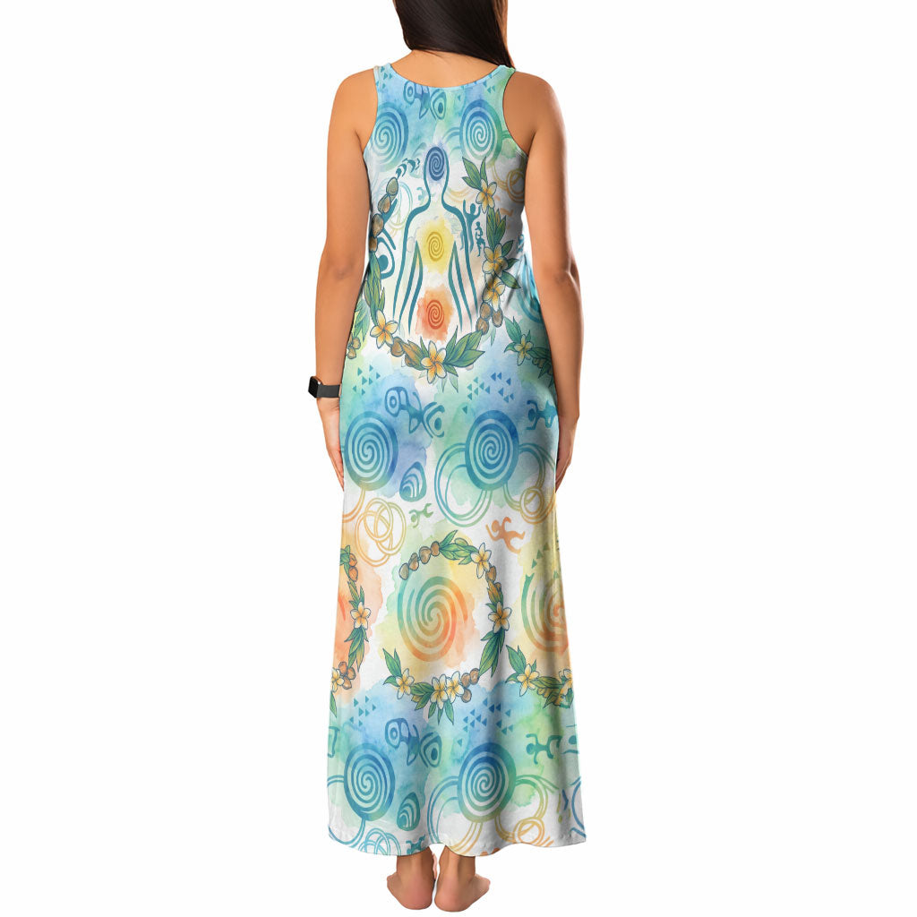 Hawaiian Piko Cultural Pride Aloha Tank Maxi Dress Watercolor Spiral Art - Tropical Plumeria Lei Garland