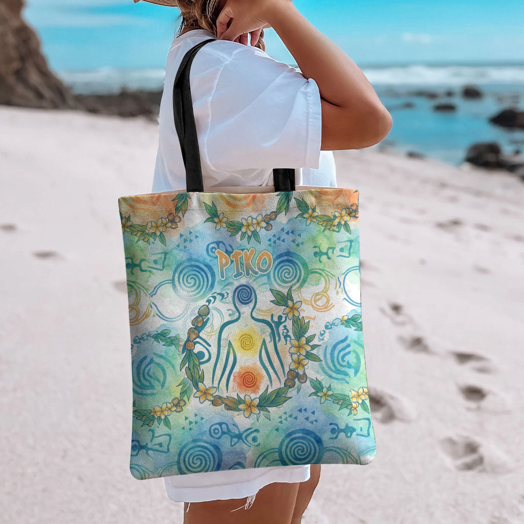 Hawaiian Piko Cultural Pride Aloha Tote Bag Watercolor Spiral Art - Tropical Plumeria Lei Garland