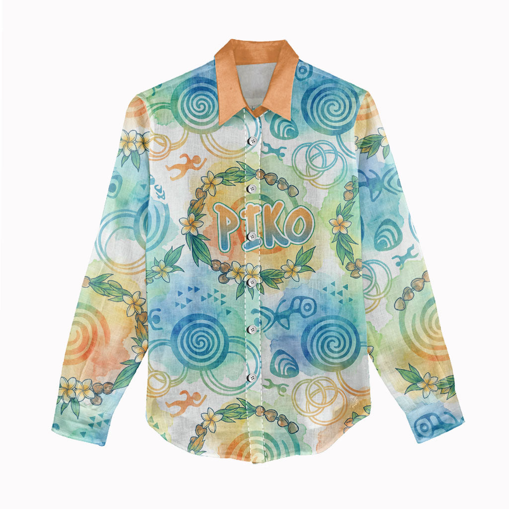 Hawaiian Piko Cultural Pride Aloha Women Casual Shirt Watercolor Spiral Art - Tropical Plumeria Lei Garland