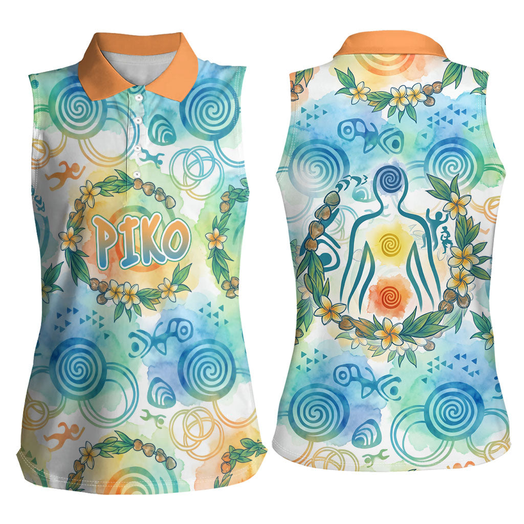 Hawaiian Piko Cultural Pride Aloha Women Sleeveless Polo Shirt Watercolor Spiral Art - Tropical Plumeria Lei Garland