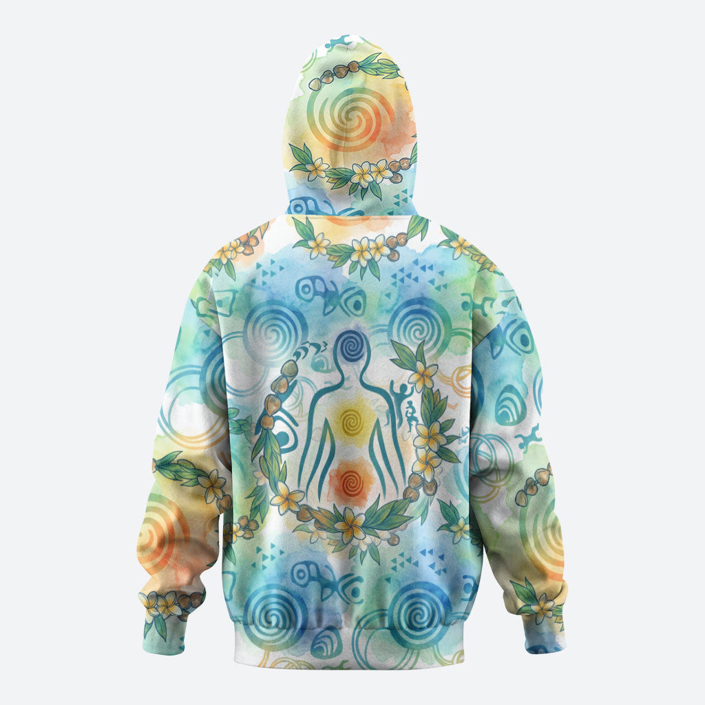 Hawaiian Piko Cultural Pride Aloha Zip Hoodie Watercolor Spiral Art - Tropical Plumeria Lei Garland