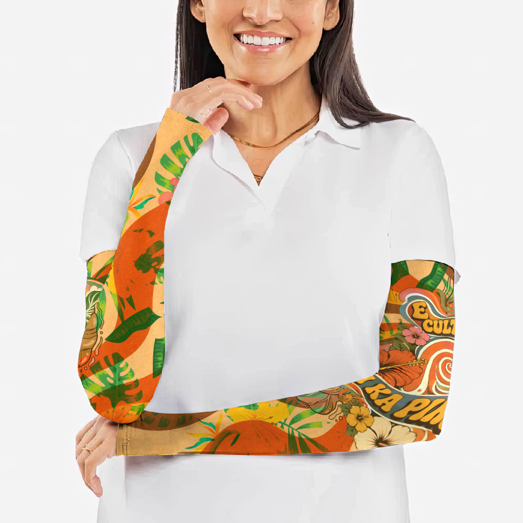 Hawaiian Piko Lani Cultivate I Ka Piko Aloha Arm Sleeves Retro Psychedelic Taro Leaf - Hibiscus Flowers