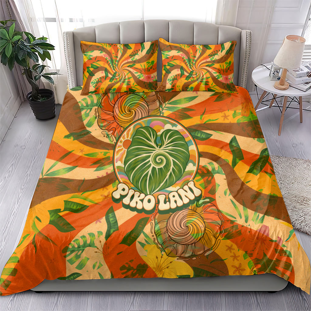 Hawaiian Piko Lani Cultivate I Ka Piko Aloha Bedding Set Retro Psychedelic Taro Leaf - Hibiscus Flowers
