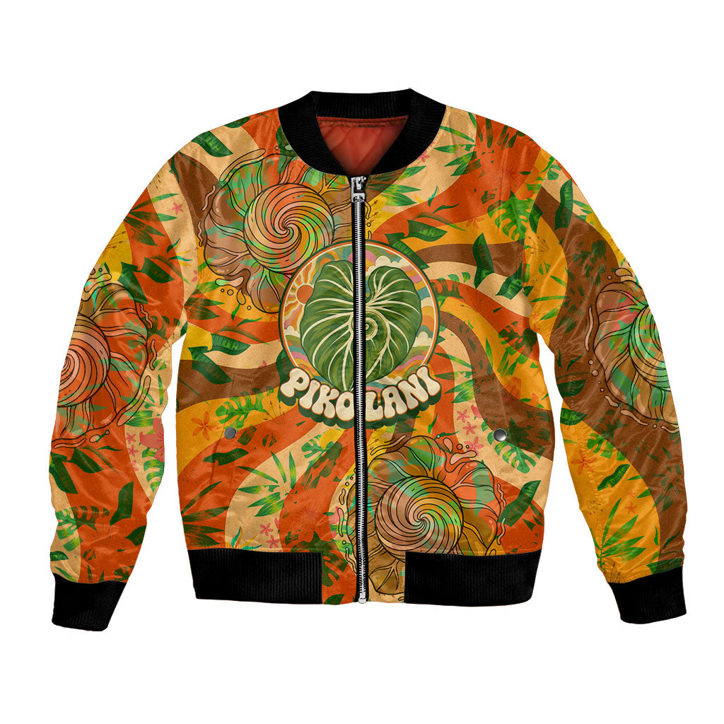 Hawaiian Piko Lani Cultivate I Ka Piko Aloha Bomber Jacket Retro Psychedelic Taro Leaf - Hibiscus Flowers