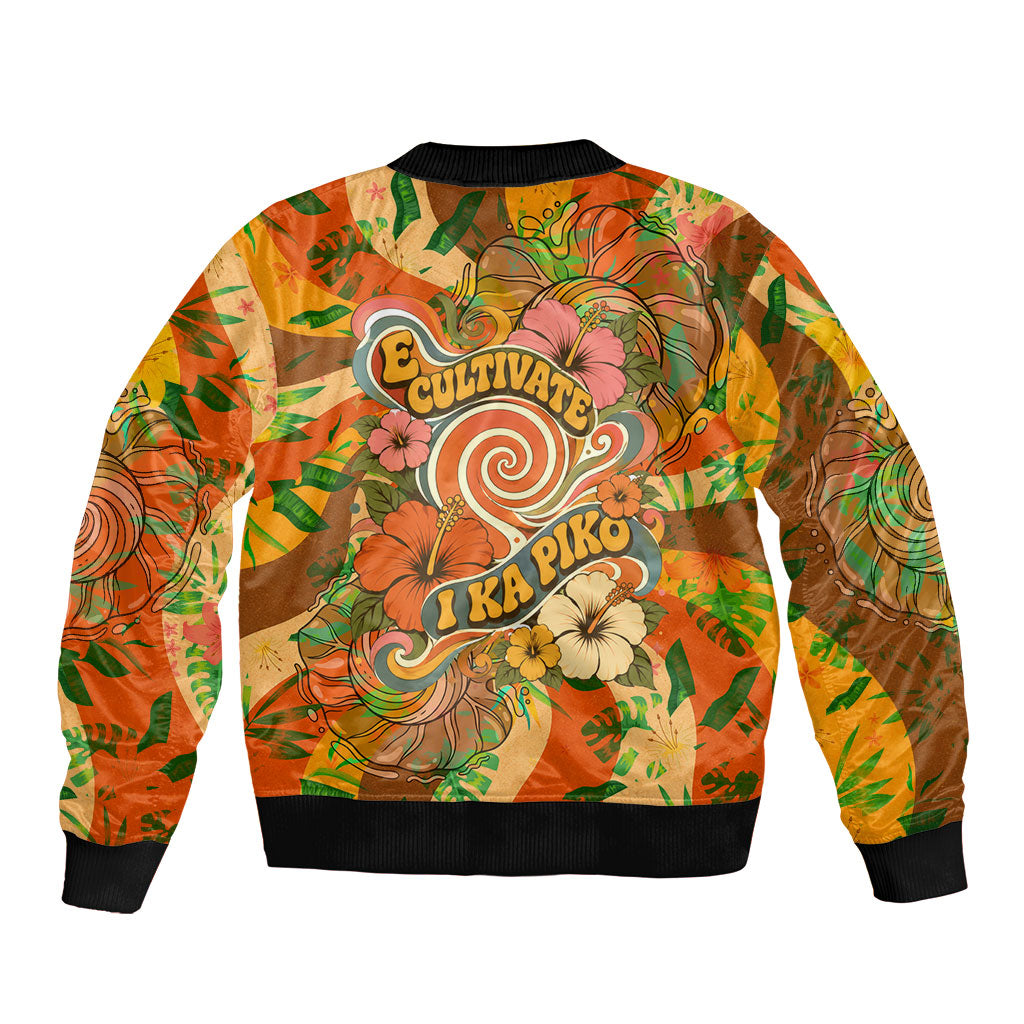 Hawaiian Piko Lani Cultivate I Ka Piko Aloha Bomber Jacket Retro Psychedelic Taro Leaf - Hibiscus Flowers