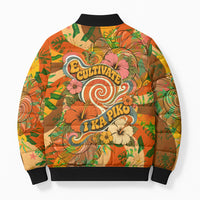 Hawaiian Piko Lani Cultivate I Ka Piko Aloha Bomber Puffer Jacket Retro Psychedelic Taro Leaf - Hibiscus Flowers