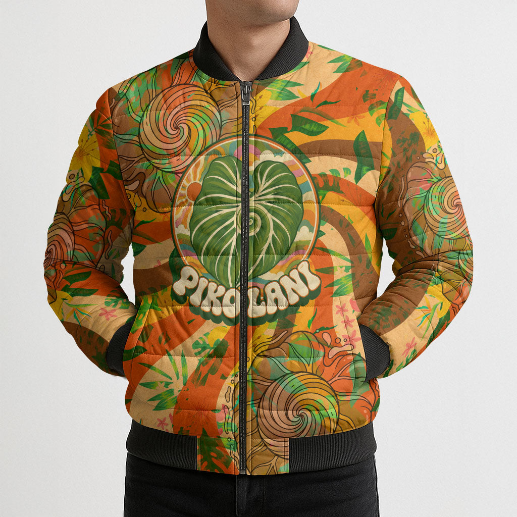 Hawaiian Piko Lani Cultivate I Ka Piko Aloha Bomber Puffer Jacket Retro Psychedelic Taro Leaf - Hibiscus Flowers