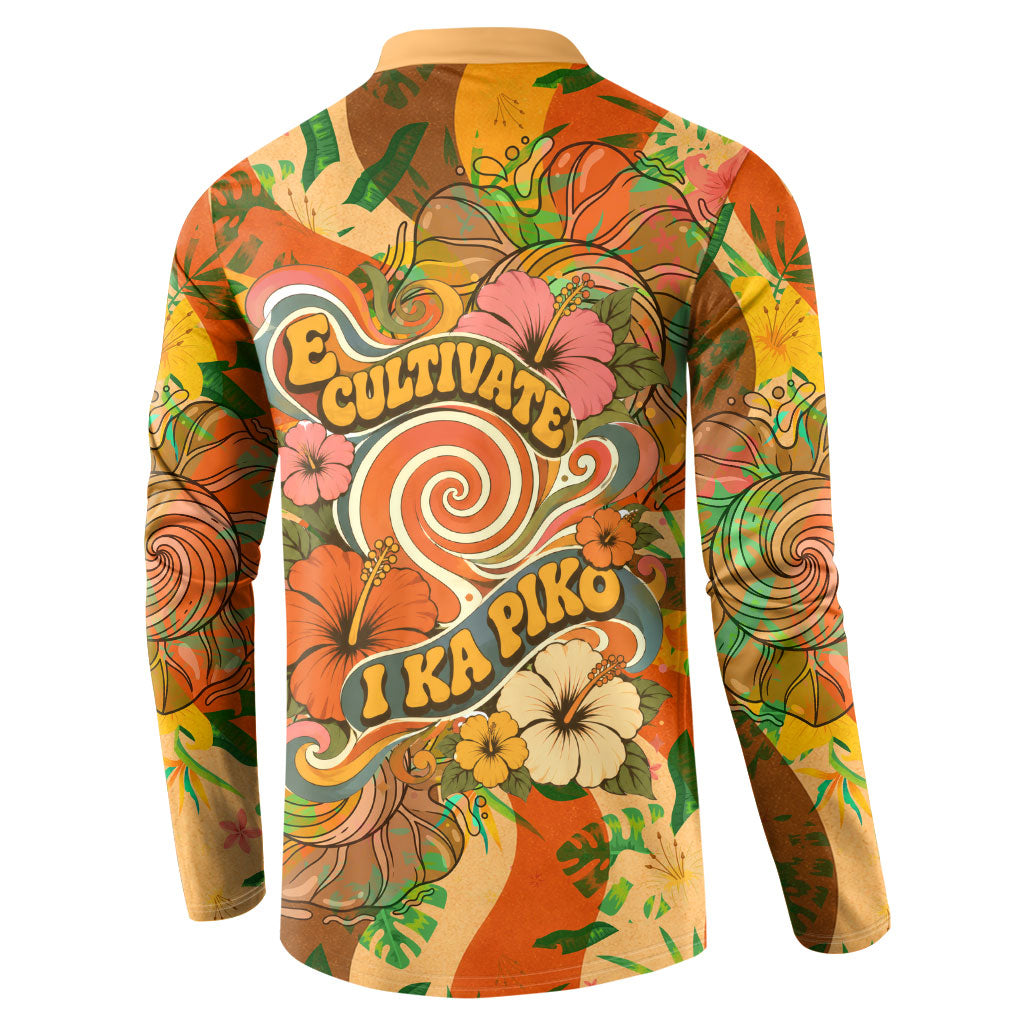 Hawaiian Piko Lani Cultivate I Ka Piko Aloha Button Sweatshirt Retro Psychedelic Taro Leaf - Hibiscus Flowers