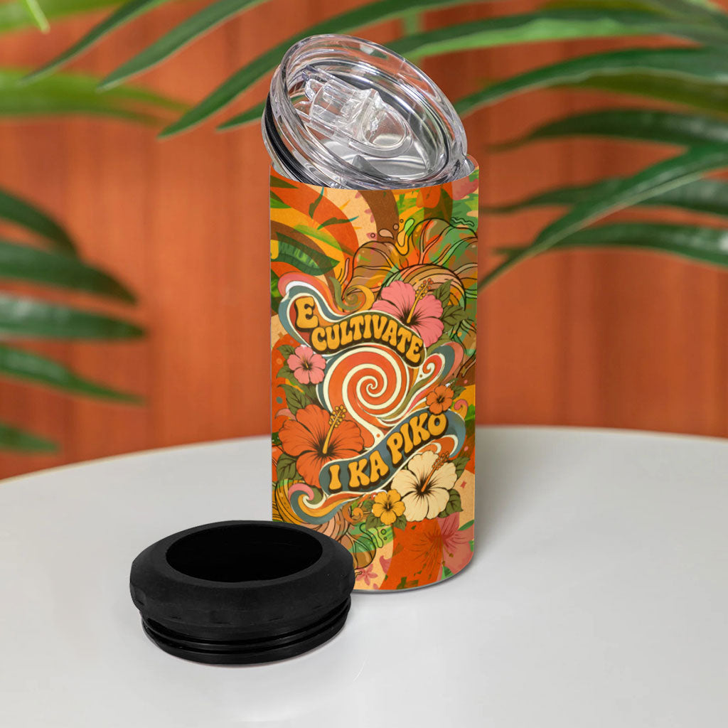 Hawaiian Piko Lani Cultivate I Ka Piko Aloha 4 in 1 Can Cooler Tumbler Retro Psychedelic Taro Leaf - Hibiscus Flowers