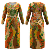 Hawaiian Piko Lani Cultivate I Ka Piko Aloha Couples Matching Long Sleeve Bodycon Dress and Hawaiian Shirt Retro Psychedelic Taro Leaf - Hibiscus Flowers