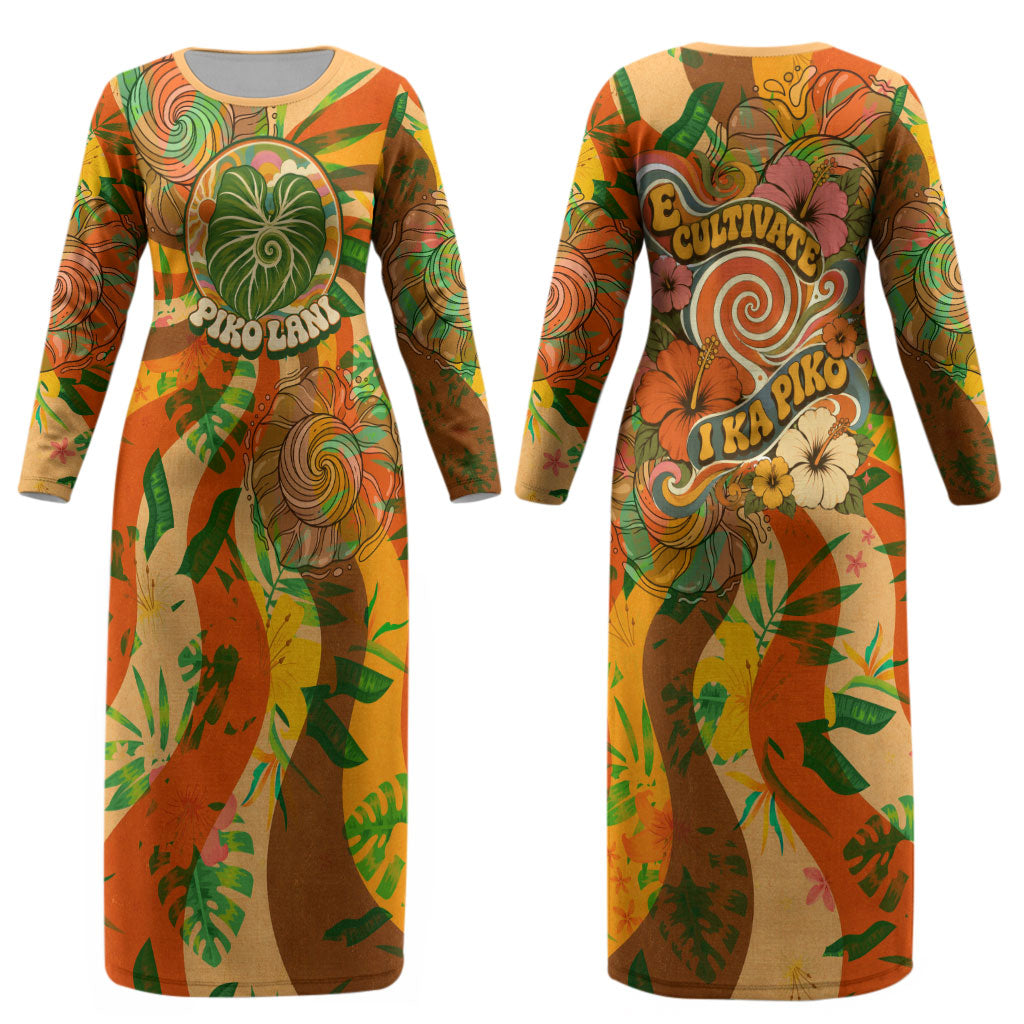 Hawaiian Piko Lani Cultivate I Ka Piko Aloha Couples Matching Long Sleeve Bodycon Dress and Long Sleeve Button Shirt Retro Psychedelic Taro Leaf - Hibiscus Flowers