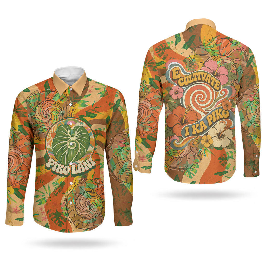 Hawaiian Piko Lani Cultivate I Ka Piko Aloha Couples Matching Mermaid Dress and Long Sleeve Button Shirt Retro Psychedelic Taro Leaf - Hibiscus Flowers