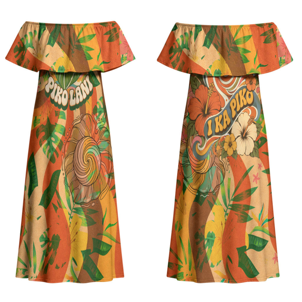 Hawaiian Piko Lani Cultivate I Ka Piko Aloha Couples Matching Off Shoulder Maxi Dress and Long Sleeve Button Shirt Retro Psychedelic Taro Leaf - Hibiscus Flowers