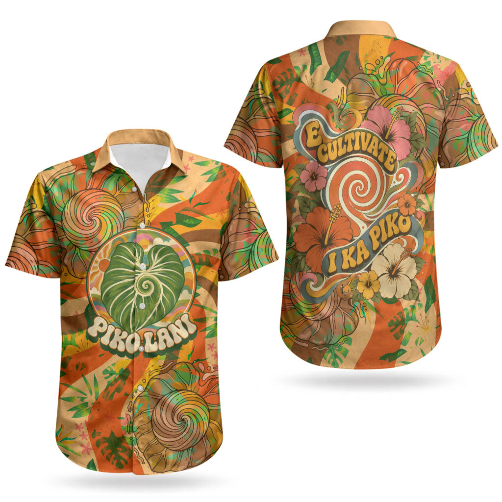 Hawaiian Piko Lani Cultivate I Ka Piko Aloha Couples Matching Off The Shoulder Long Sleeve Dress and Hawaiian Shirt Retro Psychedelic Taro Leaf - Hibiscus Flowers
