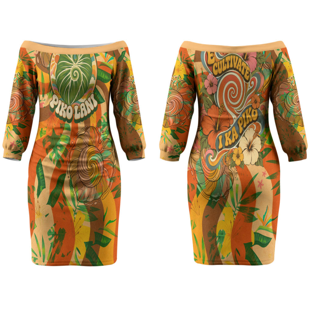 Hawaiian Piko Lani Cultivate I Ka Piko Aloha Couples Matching Off The Shoulder Long Sleeve Dress and Hawaiian Shirt Retro Psychedelic Taro Leaf - Hibiscus Flowers