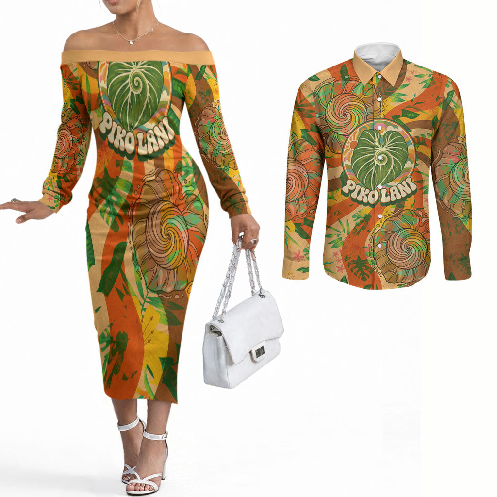 Hawaiian Piko Lani Cultivate I Ka Piko Aloha Couples Matching Off The Shoulder Long Sleeve Dress and Long Sleeve Button Shirt Retro Psychedelic Taro Leaf - Hibiscus Flowers