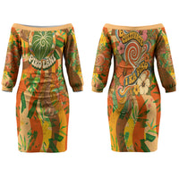 Hawaiian Piko Lani Cultivate I Ka Piko Aloha Couples Matching Off The Shoulder Long Sleeve Dress and Long Sleeve Button Shirt Retro Psychedelic Taro Leaf - Hibiscus Flowers