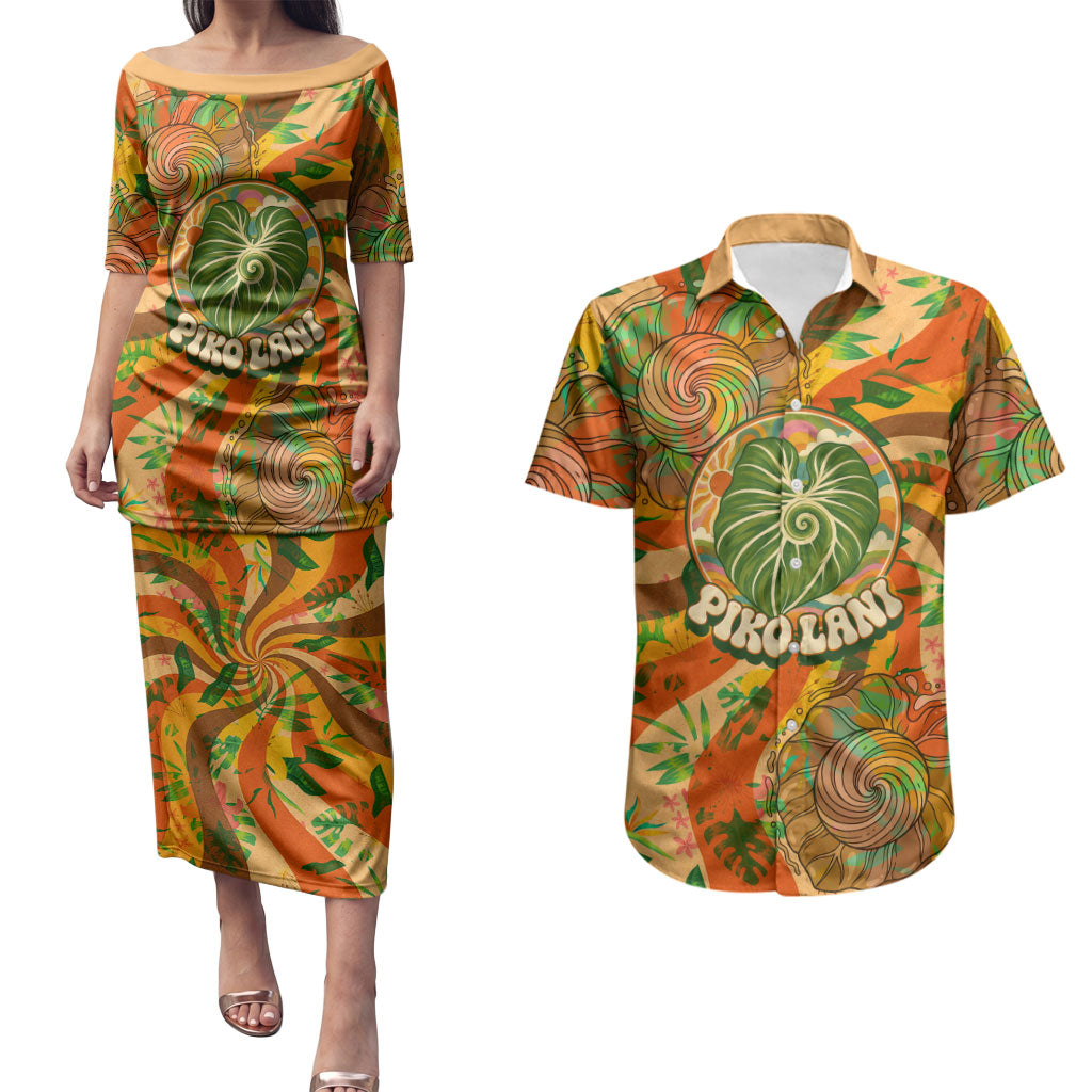 Hawaiian Piko Lani Cultivate I Ka Piko Aloha Couples Matching Puletasi and Hawaiian Shirt Retro Psychedelic Taro Leaf - Hibiscus Flowers