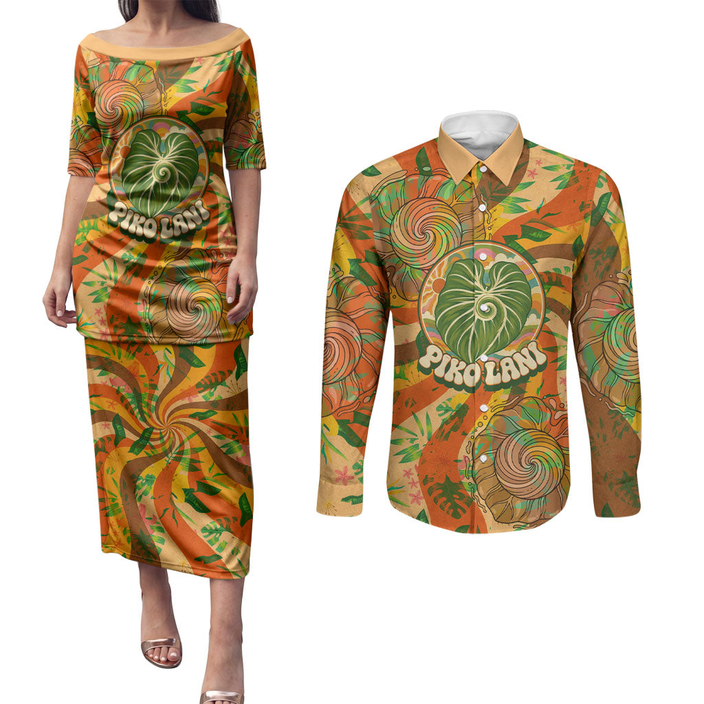Hawaiian Piko Lani Cultivate I Ka Piko Aloha Couples Matching Puletasi and Long Sleeve Button Shirt Retro Psychedelic Taro Leaf - Hibiscus Flowers TS04 Orange Green - Polynesian Pride