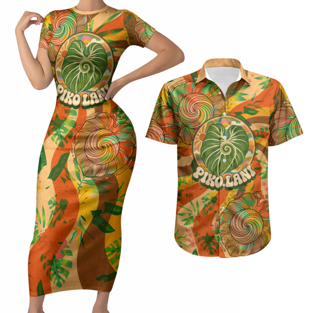 Hawaiian Piko Lani Cultivate I Ka Piko Aloha Couples Matching Short Sleeve Bodycon Dress and Hawaiian Shirt Retro Psychedelic Taro Leaf - Hibiscus Flowers