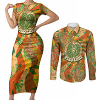 Hawaiian Piko Lani Cultivate I Ka Piko Aloha Couples Matching Short Sleeve Bodycon Dress and Long Sleeve Button Shirt Retro Psychedelic Taro Leaf - Hibiscus Flowers