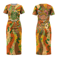 Hawaiian Piko Lani Cultivate I Ka Piko Aloha Couples Matching Short Sleeve Bodycon Dress and Long Sleeve Button Shirt Retro Psychedelic Taro Leaf - Hibiscus Flowers