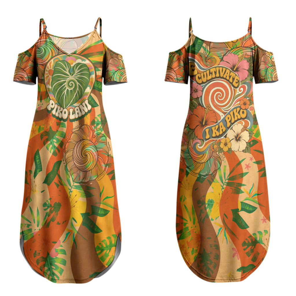 Hawaiian Piko Lani Cultivate I Ka Piko Aloha Couples Matching Summer Maxi Dress and Hawaiian Shirt Retro Psychedelic Taro Leaf - Hibiscus Flowers
