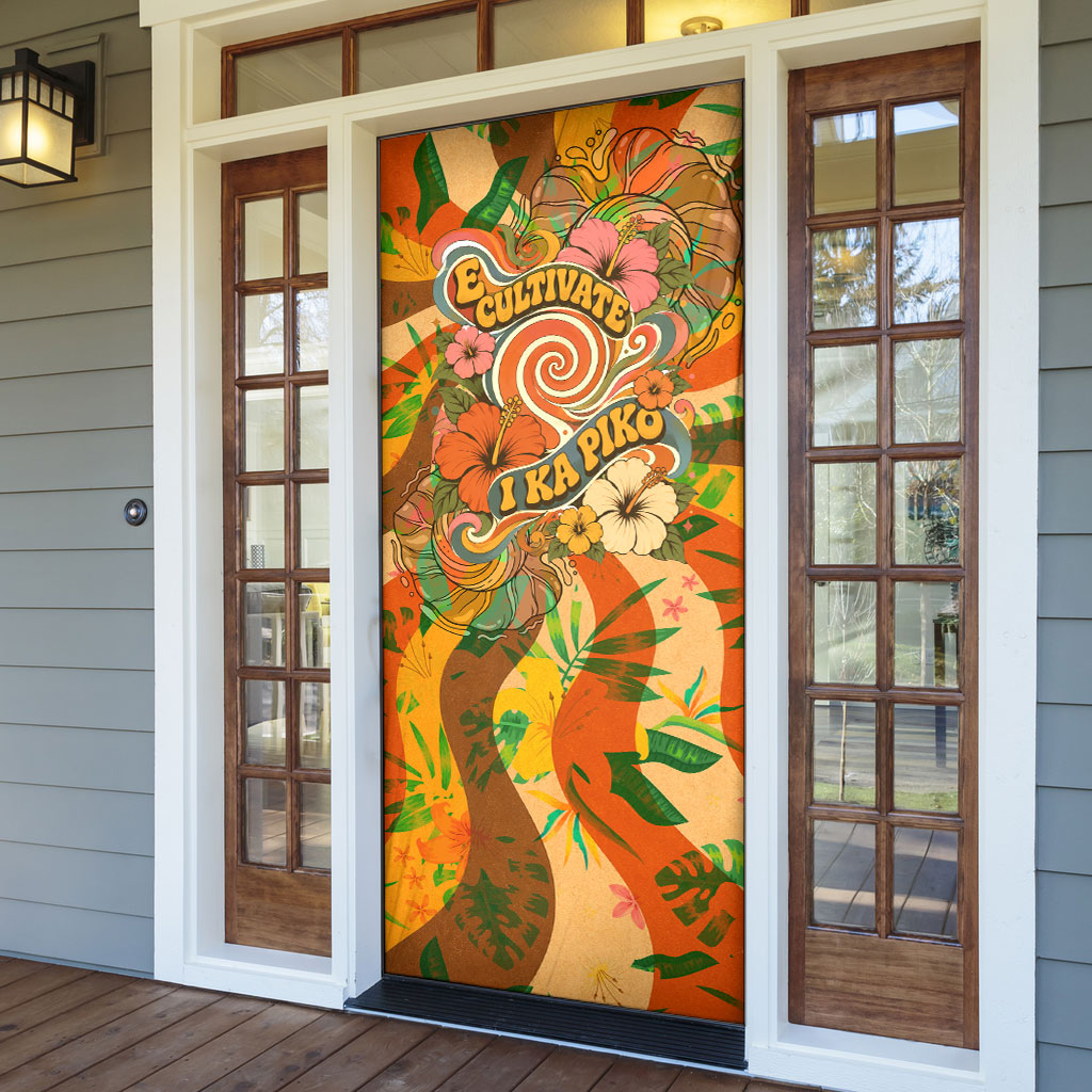 Hawaiian Piko Lani Cultivate I Ka Piko Aloha Door Cover Retro Psychedelic Taro Leaf - Hibiscus Flowers