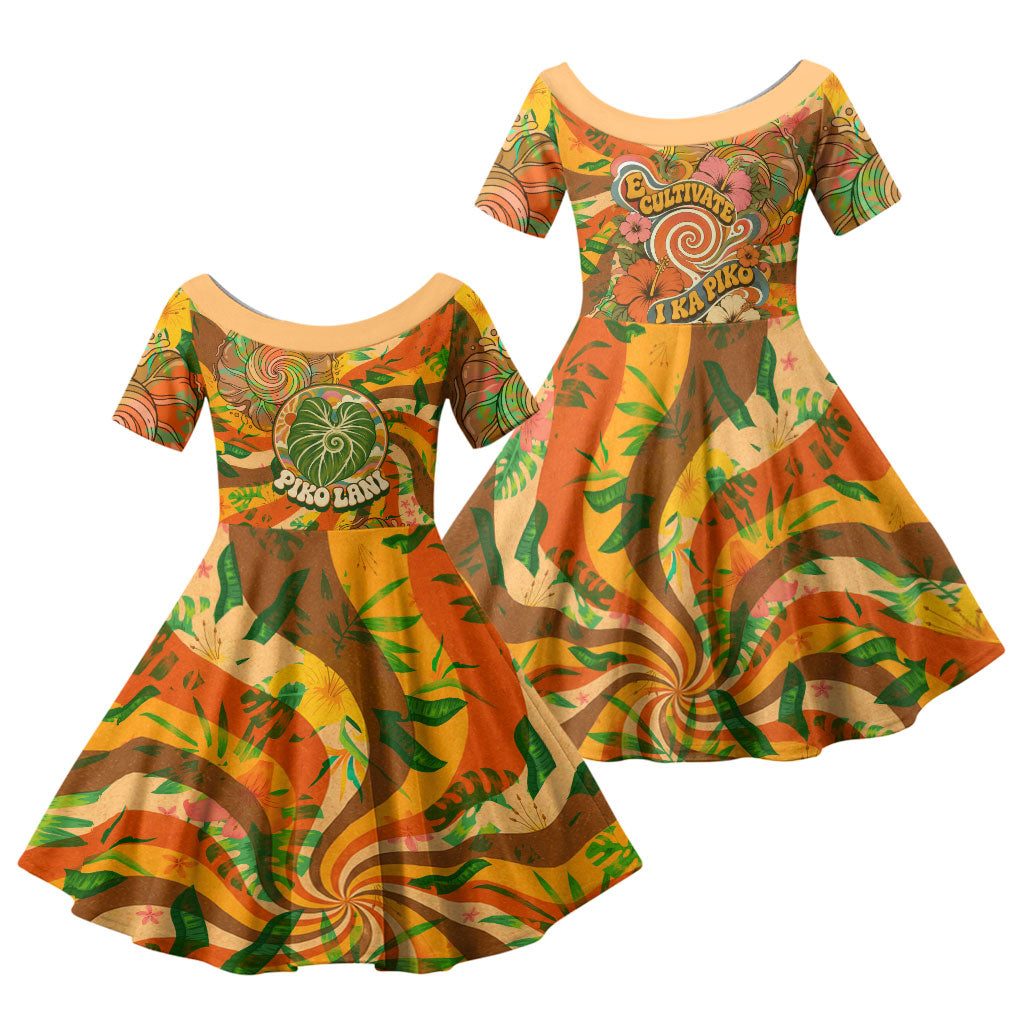 Hawaiian Piko Lani Cultivate I Ka Piko Aloha Family Matching Mermaid Dress and Hawaiian Shirt Retro Psychedelic Taro Leaf - Hibiscus Flowers