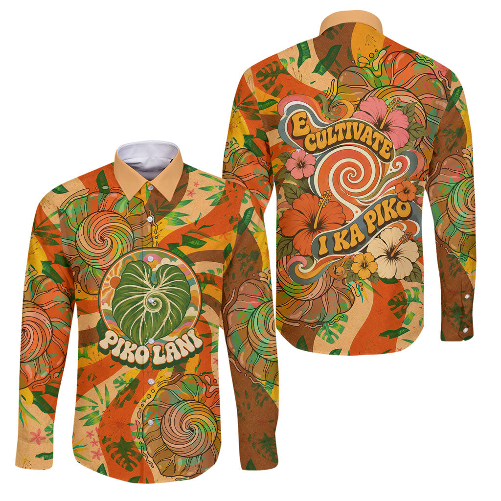 Hawaiian Piko Lani Cultivate I Ka Piko Aloha Family Matching Off The Shoulder Long Sleeve Dress and Hawaiian Shirt Retro Psychedelic Taro Leaf - Hibiscus Flowers