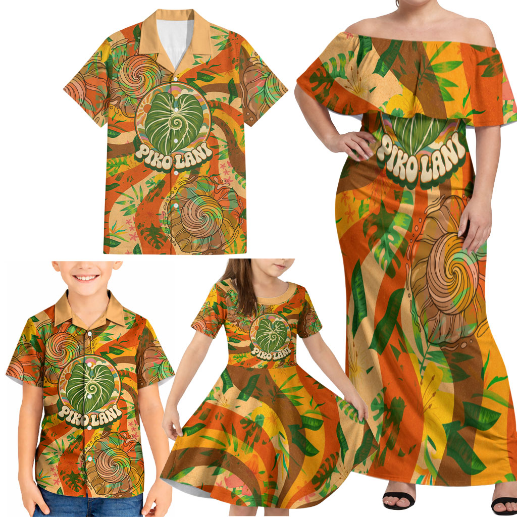 Hawaiian Piko Lani Cultivate I Ka Piko Aloha Family Matching Off Shoulder Maxi Dress and Hawaiian Shirt Retro Psychedelic Taro Leaf - Hibiscus Flowers TS04 - Polynesian Pride