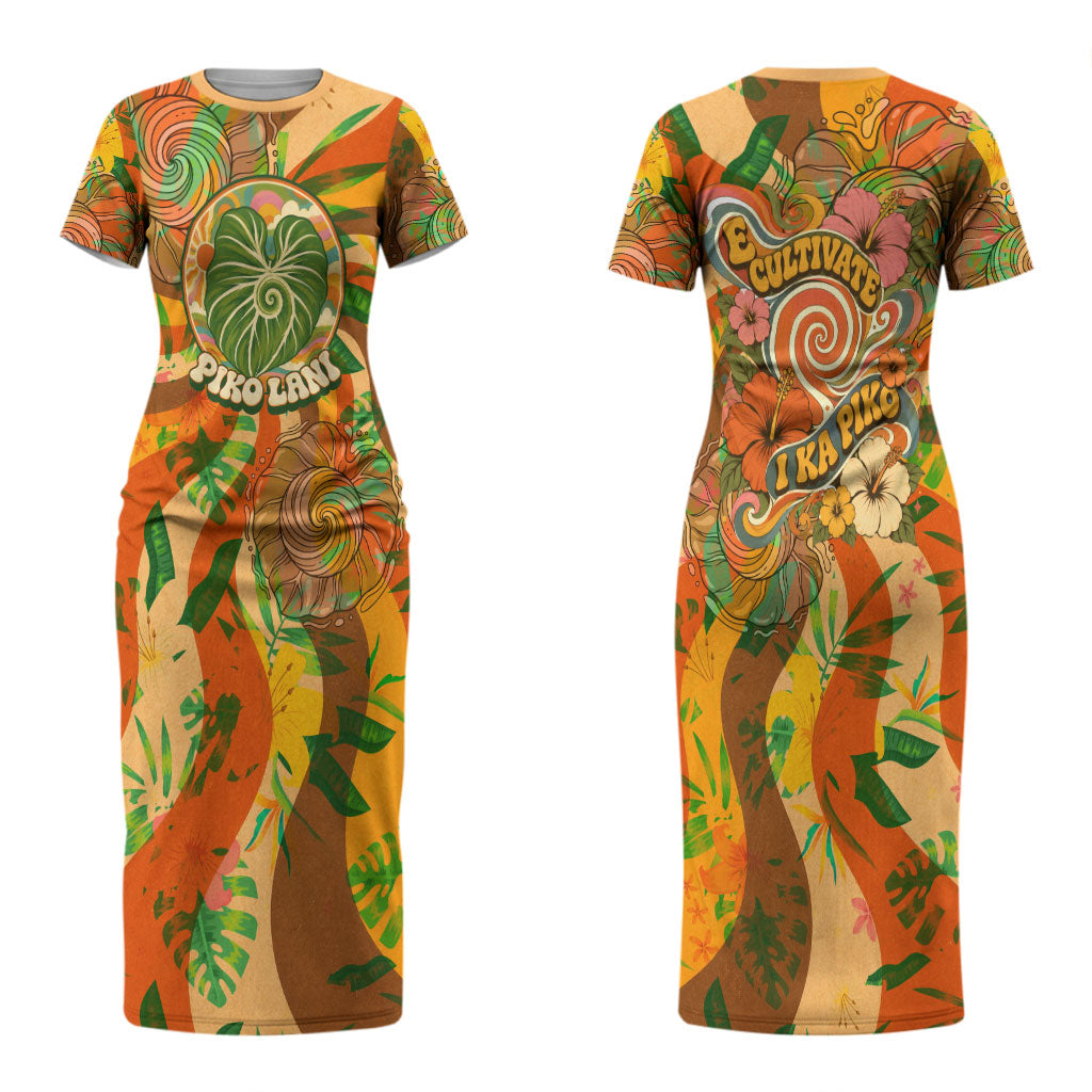 Hawaiian Piko Lani Cultivate I Ka Piko Aloha Family Matching Short Sleeve Bodycon Dress and Hawaiian Shirt Retro Psychedelic Taro Leaf - Hibiscus Flowers