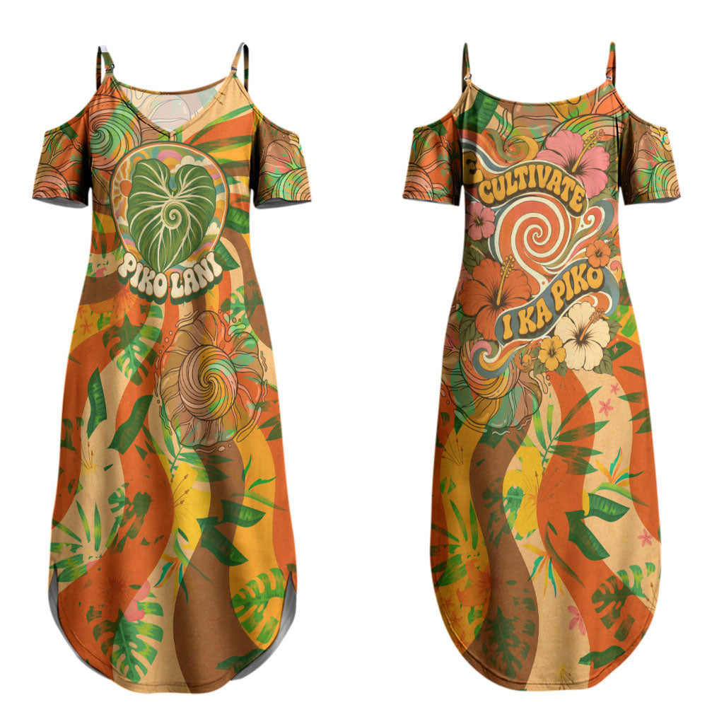 Hawaiian Piko Lani Cultivate I Ka Piko Aloha Family Matching Summer Maxi Dress and Hawaiian Shirt Retro Psychedelic Taro Leaf - Hibiscus Flowers