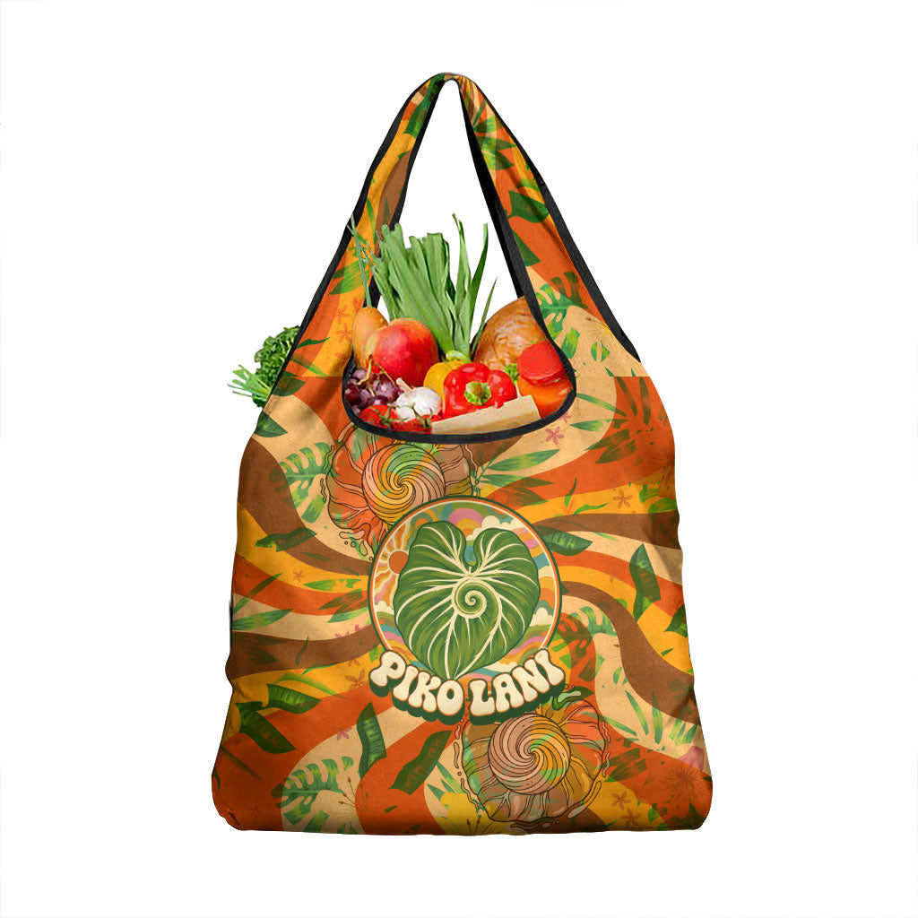 Hawaiian Piko Lani Cultivate I Ka Piko Aloha Grocery Bag Retro Psychedelic Taro Leaf - Hibiscus Flowers