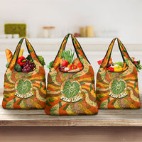 Hawaiian Piko Lani Cultivate I Ka Piko Aloha Grocery Bag Retro Psychedelic Taro Leaf - Hibiscus Flowers