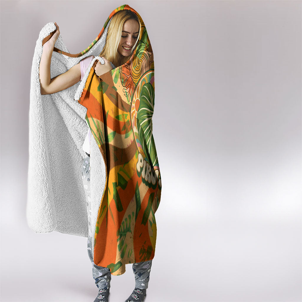 Hawaiian Piko Lani Cultivate I Ka Piko Aloha Hooded Blanket Retro Psychedelic Taro Leaf - Hibiscus Flowers
