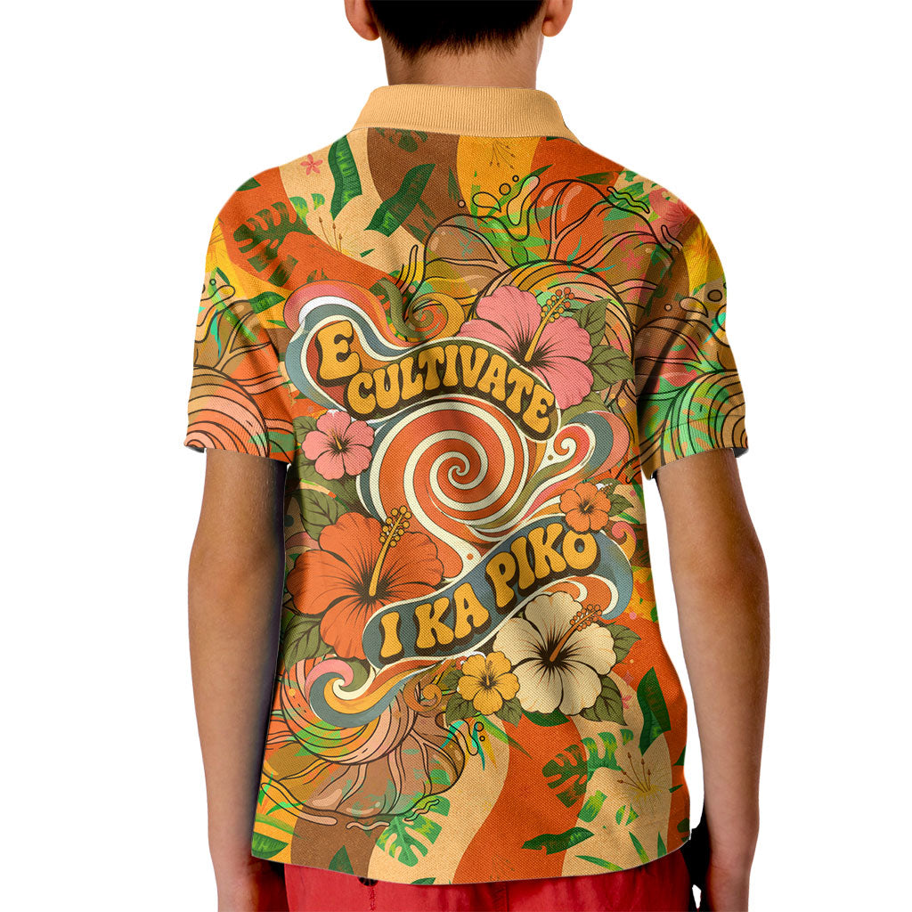 Hawaiian Piko Lani Cultivate I Ka Piko Aloha Kid Polo Shirt Retro Psychedelic Taro Leaf - Hibiscus Flowers