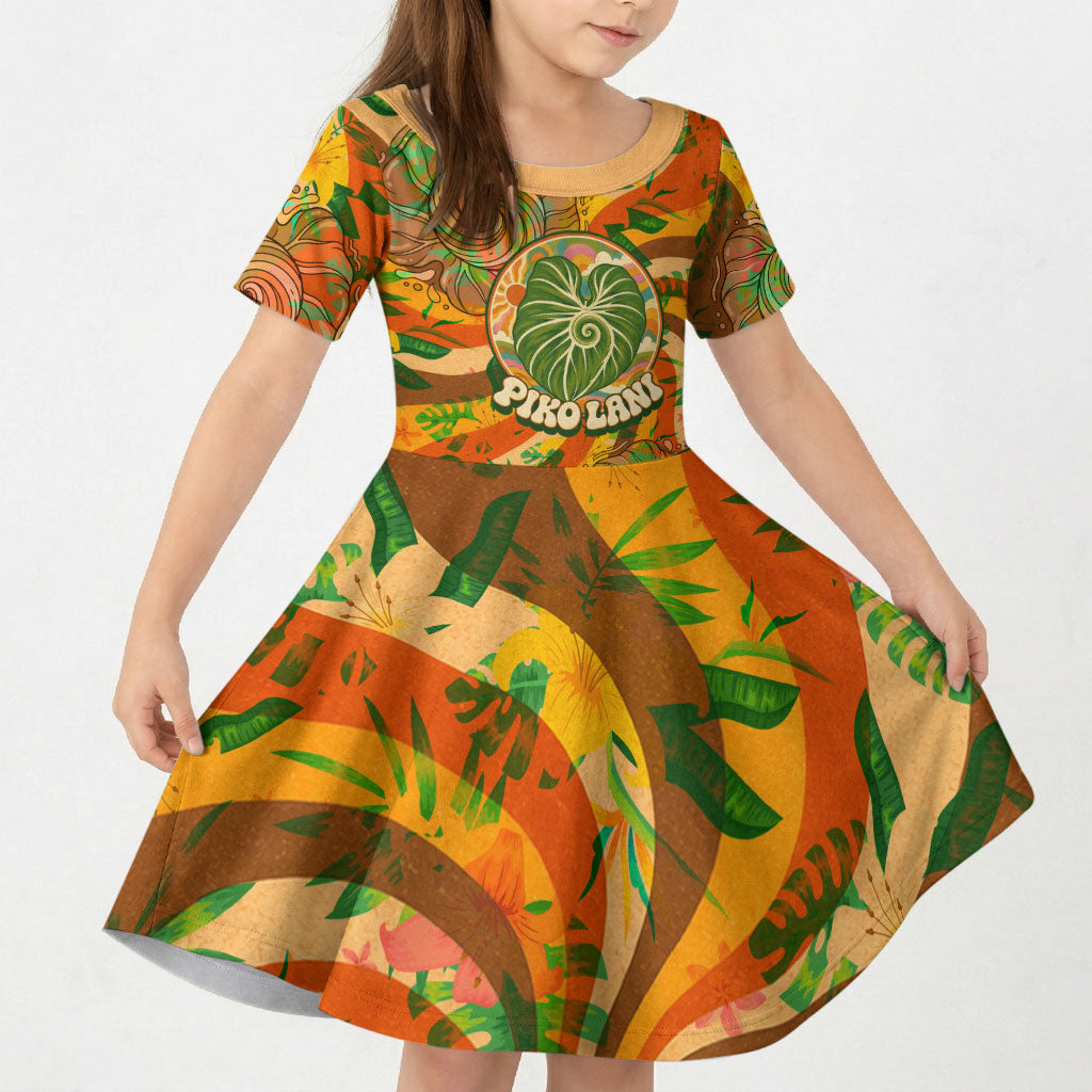 Hawaiian Piko Lani Cultivate I Ka Piko Aloha Kid Short Sleeve Dress Retro Psychedelic Taro Leaf - Hibiscus Flowers
