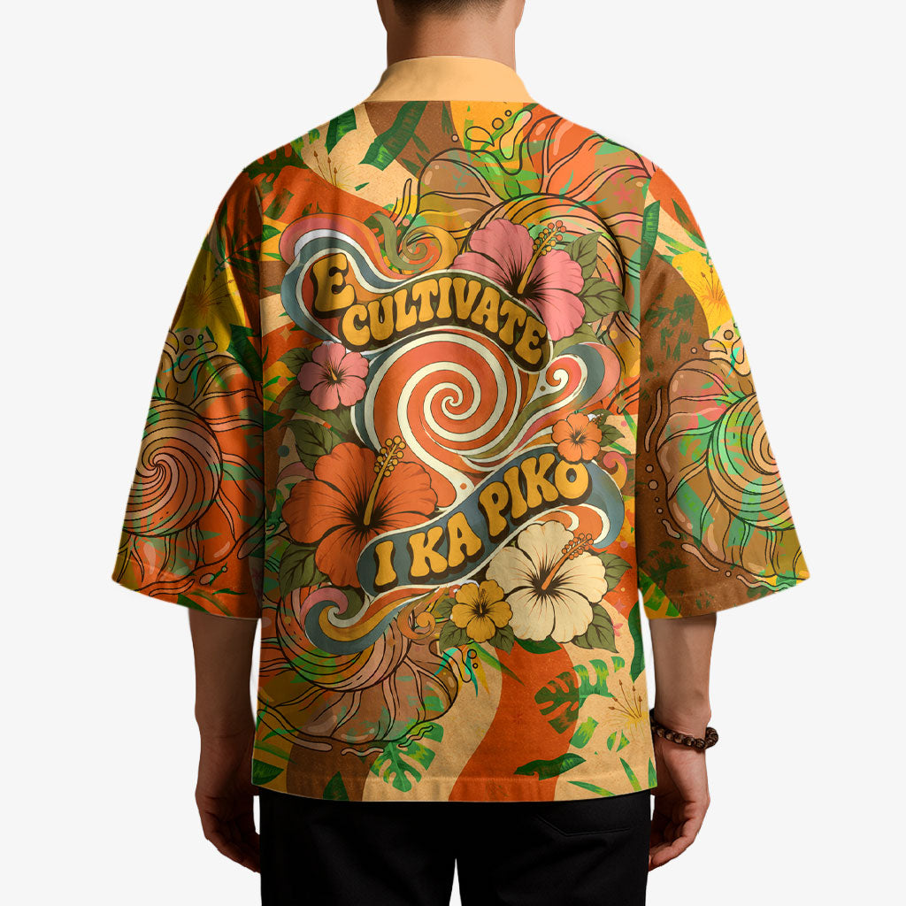 Hawaiian Piko Lani Cultivate I Ka Piko Aloha Kimono Retro Psychedelic Taro Leaf - Hibiscus Flowers