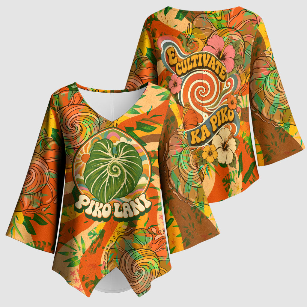 Hawaiian Piko Lani Cultivate I Ka Piko Aloha Kimono Sleeve Blouse Retro Psychedelic Taro Leaf - Hibiscus Flowers