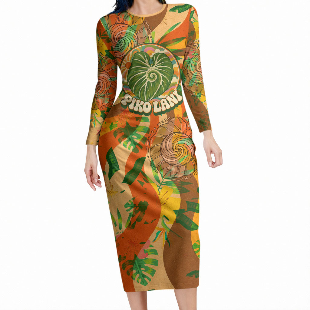 Hawaiian Piko Lani Cultivate I Ka Piko Aloha Long Sleeve Bodycon Dress Retro Psychedelic Taro Leaf - Hibiscus Flowers