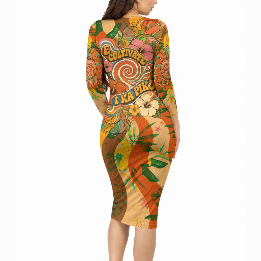 Hawaiian Piko Lani Cultivate I Ka Piko Aloha Long Sleeve Bodycon Dress Retro Psychedelic Taro Leaf - Hibiscus Flowers
